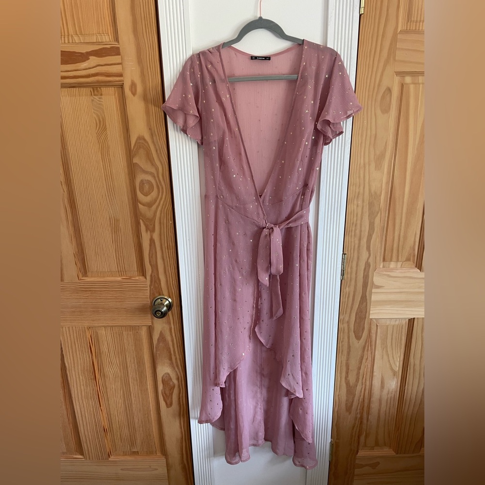 SHEIN Sheer Pink High-Low Wrap Sundress